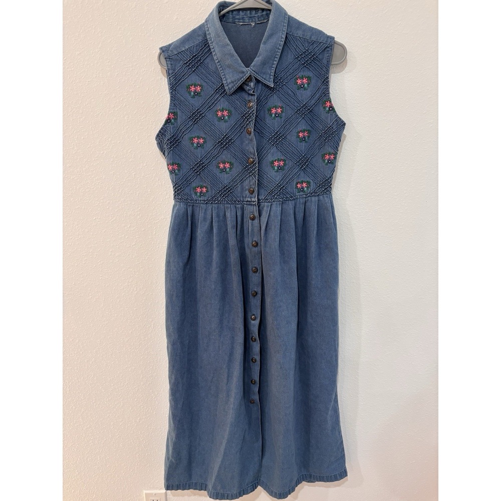Vtg 90s Cottagecore Denim Maxi Dress Floral Embroidered Smocked Coquette L - Picture 2 of 13